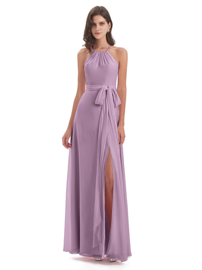 Samira Sheath Floor Length Halter Split Chiffon Bridesmaid Dresses