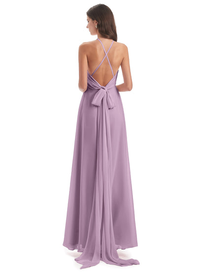 Samira Sheath Floor Length Halter Split Chiffon Bridesmaid Dresses