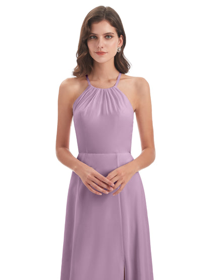 Samira Sheath Floor Length Halter Split Chiffon Bridesmaid Dresses