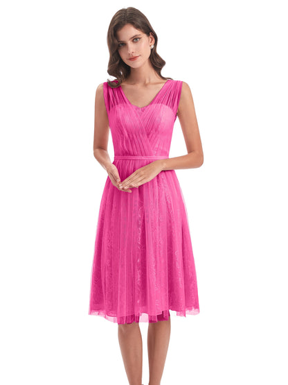 Savannah Knee Length V-neck Straps Tulle Bridesmaid Dresses