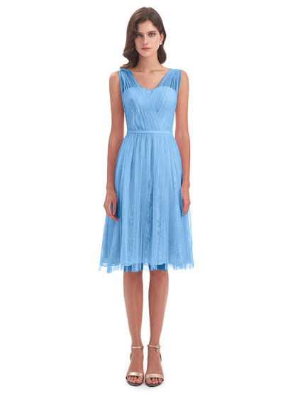 Savannah Knee Length V-neck Straps Tulle Bridesmaid Dresses
