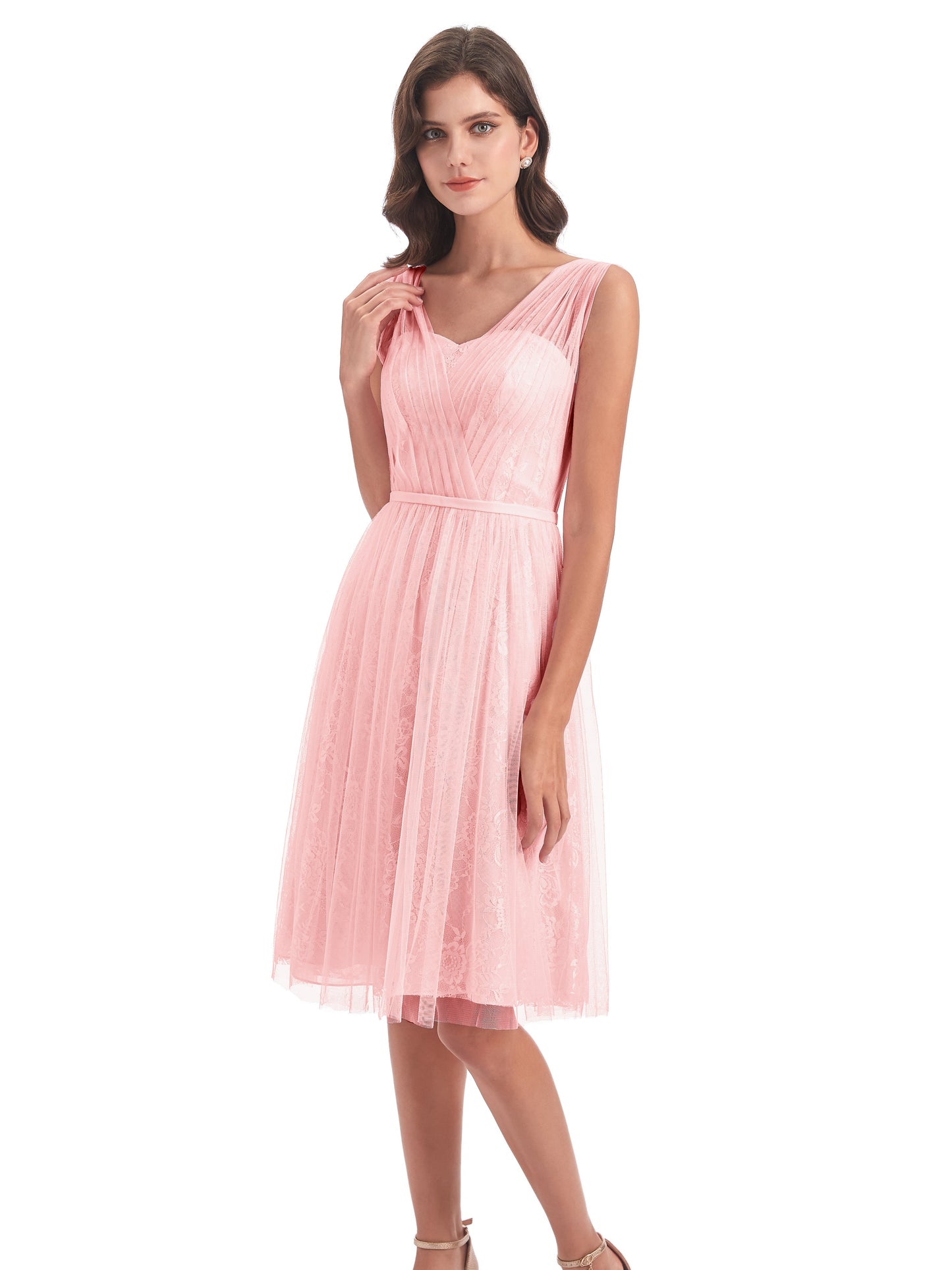 Savannah Knee Length V-neck Straps Tulle Bridesmaid Dresses