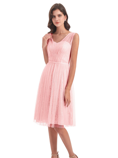 Savannah Knee Length V-neck Straps Tulle Bridesmaid Dresses
