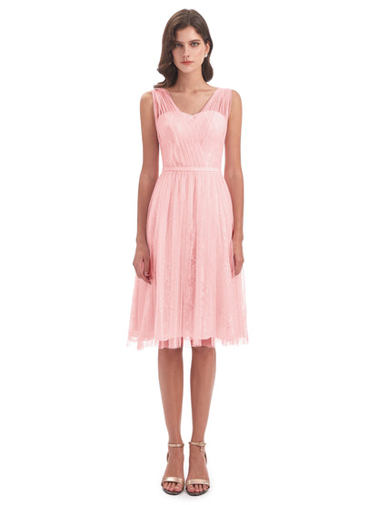 Savannah Knee Length V-neck Straps Tulle Bridesmaid Dresses
