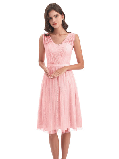 Savannah Knee Length V-neck Straps Tulle Bridesmaid Dresses