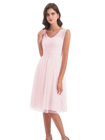 Savannah Knee Length V-neck Straps Tulle Bridesmaid Dresses