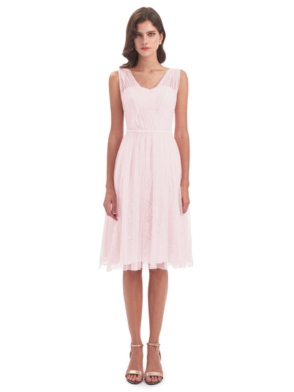Savannah Knee Length V-neck Straps Tulle Bridesmaid Dresses