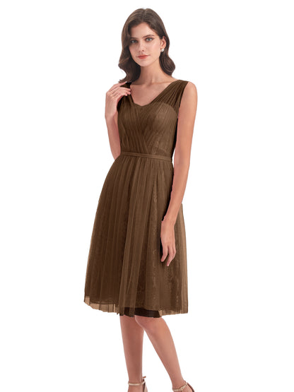 Savannah Knee Length V-neck Straps Tulle Bridesmaid Dresses