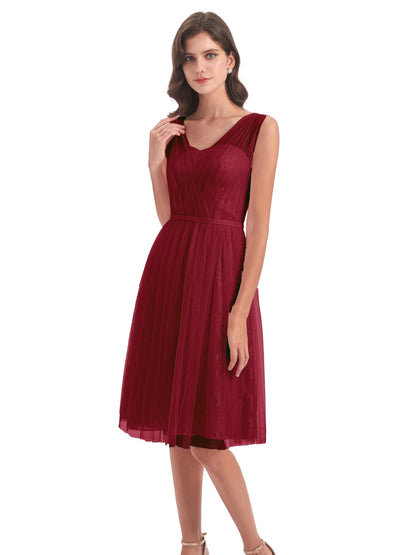 Savannah Knee Length V-neck Straps Tulle Bridesmaid Dresses