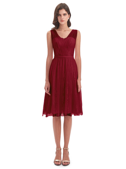 Savannah Knee Length V-neck Straps Tulle Bridesmaid Dresses