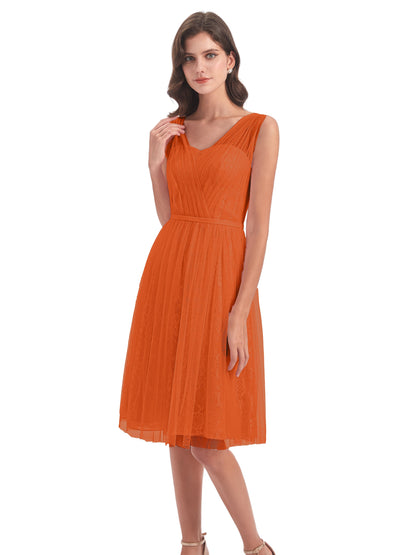 Savannah Knee Length V-neck Straps Tulle Bridesmaid Dresses