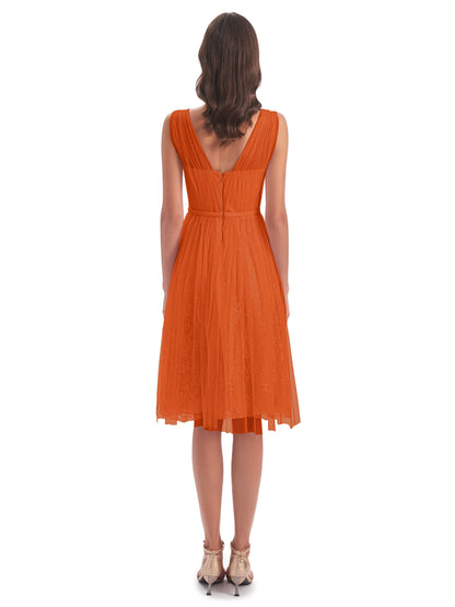 Savannah Knee Length V-neck Straps Tulle Bridesmaid Dresses