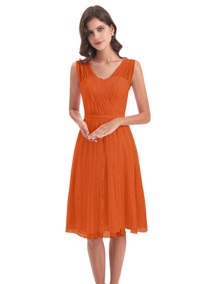 Savannah Knee Length V-neck Straps Tulle Bridesmaid Dresses
