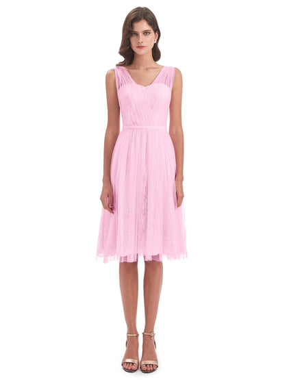 Savannah Knee Length V-neck Straps Tulle Bridesmaid Dresses