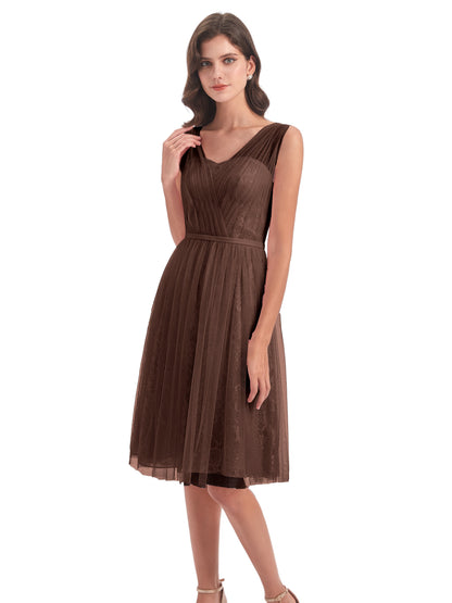 Savannah Knee Length V-neck Straps Tulle Bridesmaid Dresses