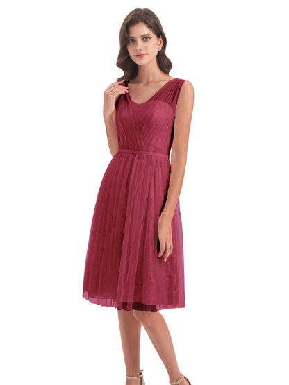 Savannah Knee Length V-neck Straps Tulle Bridesmaid Dresses