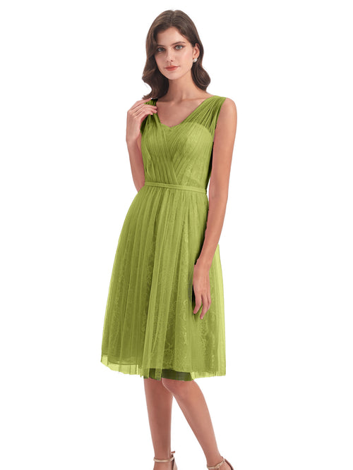 Savannah Knee Length V-neck Straps Tulle Bridesmaid Dresses