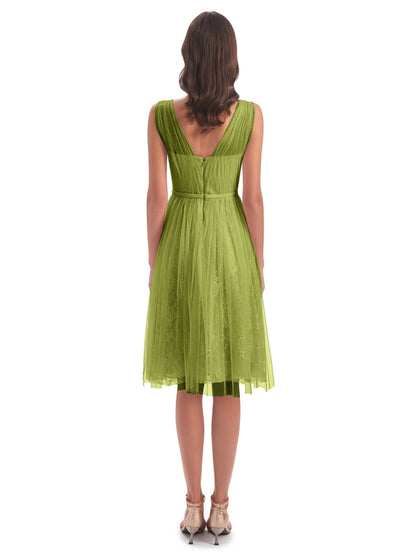 Savannah Knee Length V-neck Straps Tulle Bridesmaid Dresses