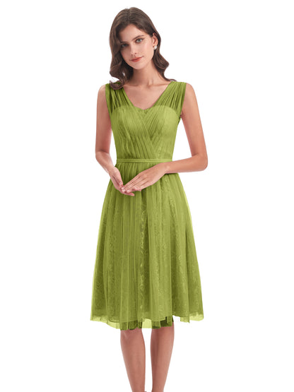 Savannah Knee Length V-neck Straps Tulle Bridesmaid Dresses