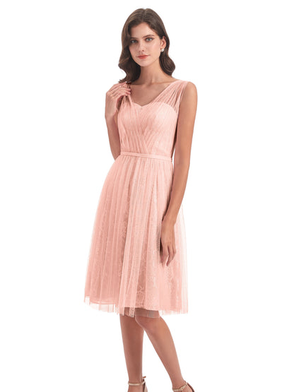 Savannah Knee Length V-neck Straps Tulle Bridesmaid Dresses