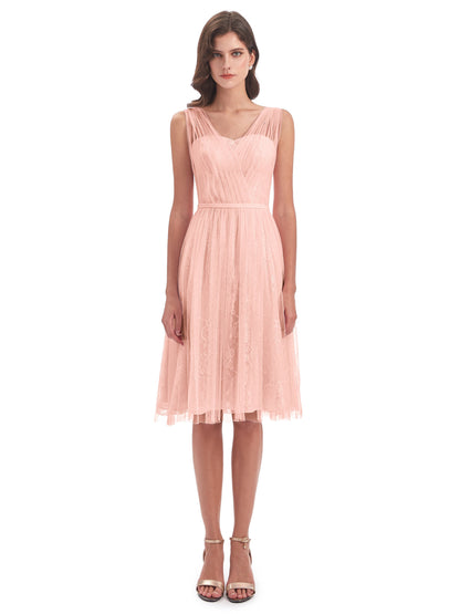 Savannah Knee Length V-neck Straps Tulle Bridesmaid Dresses