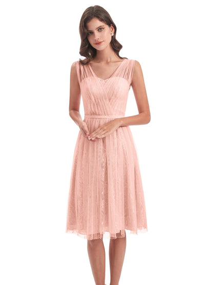 Savannah Knee Length V-neck Straps Tulle Bridesmaid Dresses