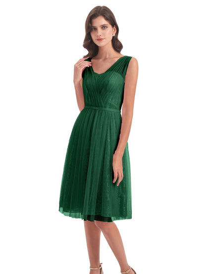 Savannah Knee Length V-neck Straps Tulle Bridesmaid Dresses