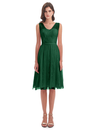 Savannah Knee Length V-neck Straps Tulle Bridesmaid Dresses