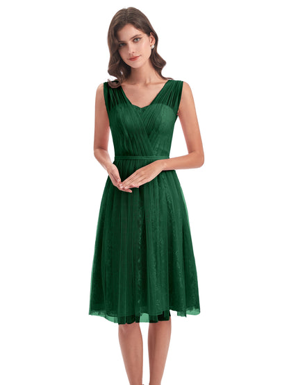 Savannah Knee Length V-neck Straps Tulle Bridesmaid Dresses