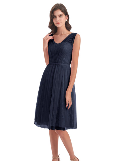 Savannah Knee Length V-neck Straps Tulle Bridesmaid Dresses