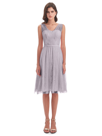 Savannah Knee Length V-neck Straps Tulle Bridesmaid Dresses