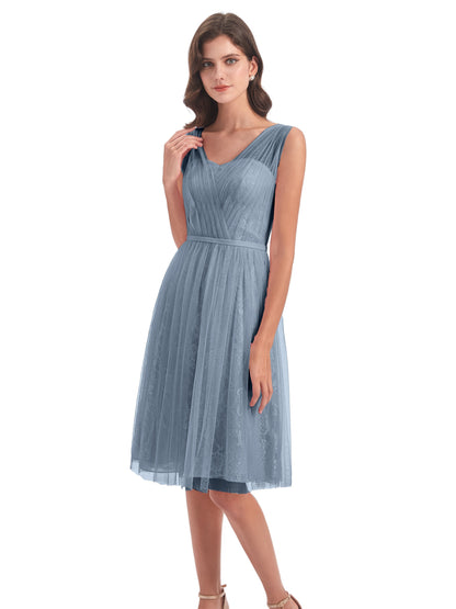 Savannah Knee Length V-neck Straps Tulle Bridesmaid Dresses