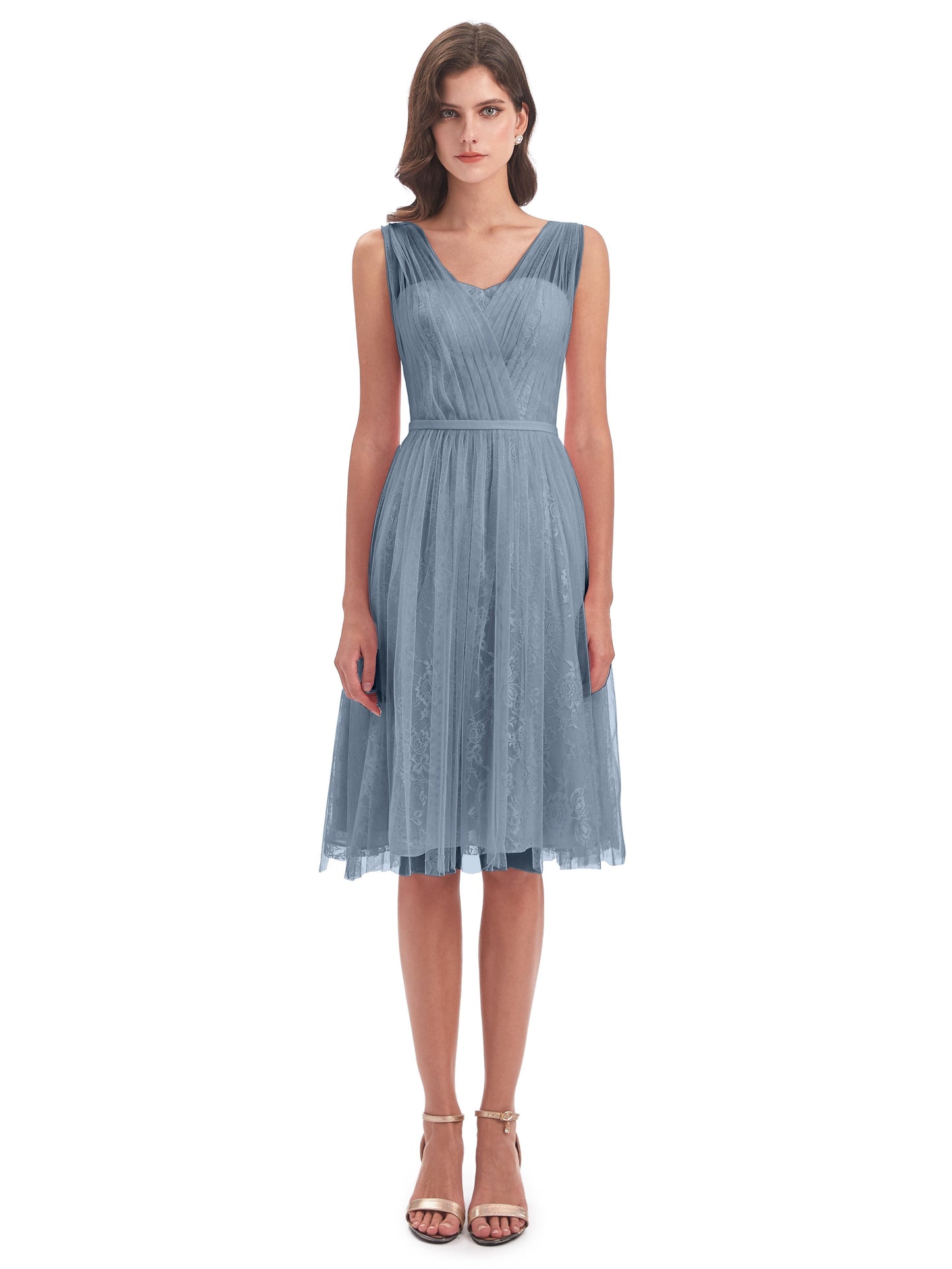 Savannah Knee Length V-neck Straps Tulle Bridesmaid Dresses