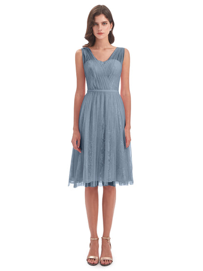 Savannah Knee Length V-neck Straps Tulle Bridesmaid Dresses