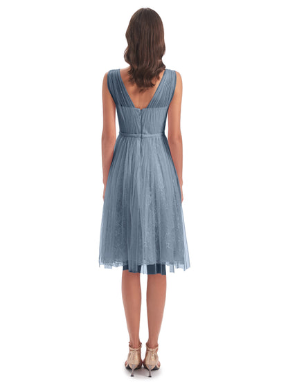 Savannah Knee Length V-neck Straps Tulle Bridesmaid Dresses