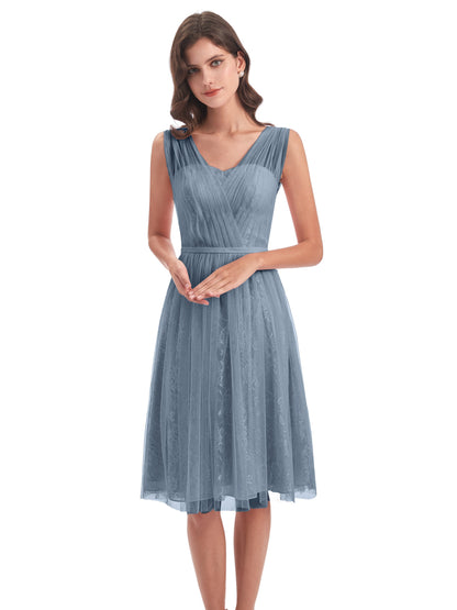 Savannah Knee Length V-neck Straps Tulle Bridesmaid Dresses