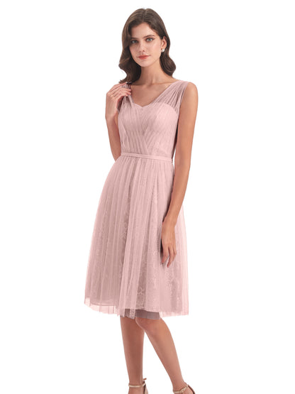 Savannah Knee Length V-neck Straps Tulle Bridesmaid Dresses