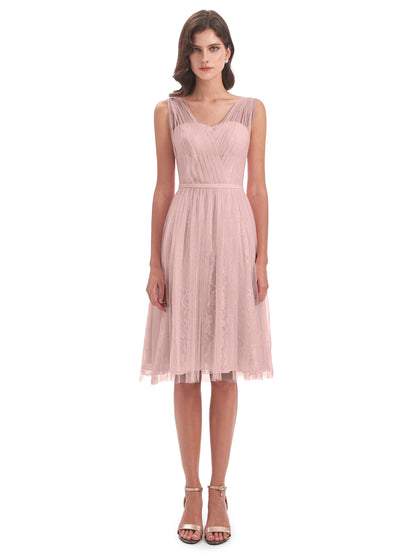 Savannah Knee Length V-neck Straps Tulle Bridesmaid Dresses