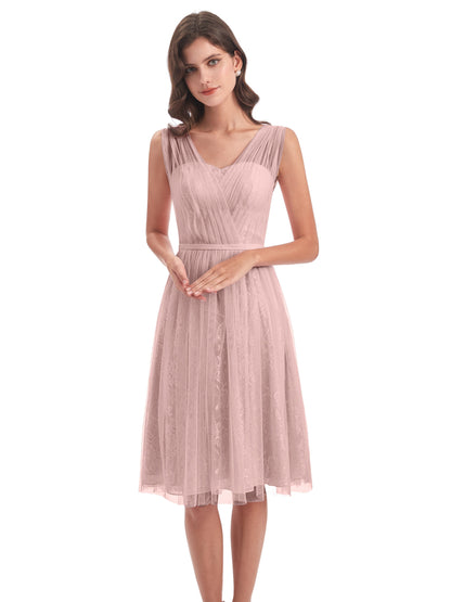 Savannah Knee Length V-neck Straps Tulle Bridesmaid Dresses