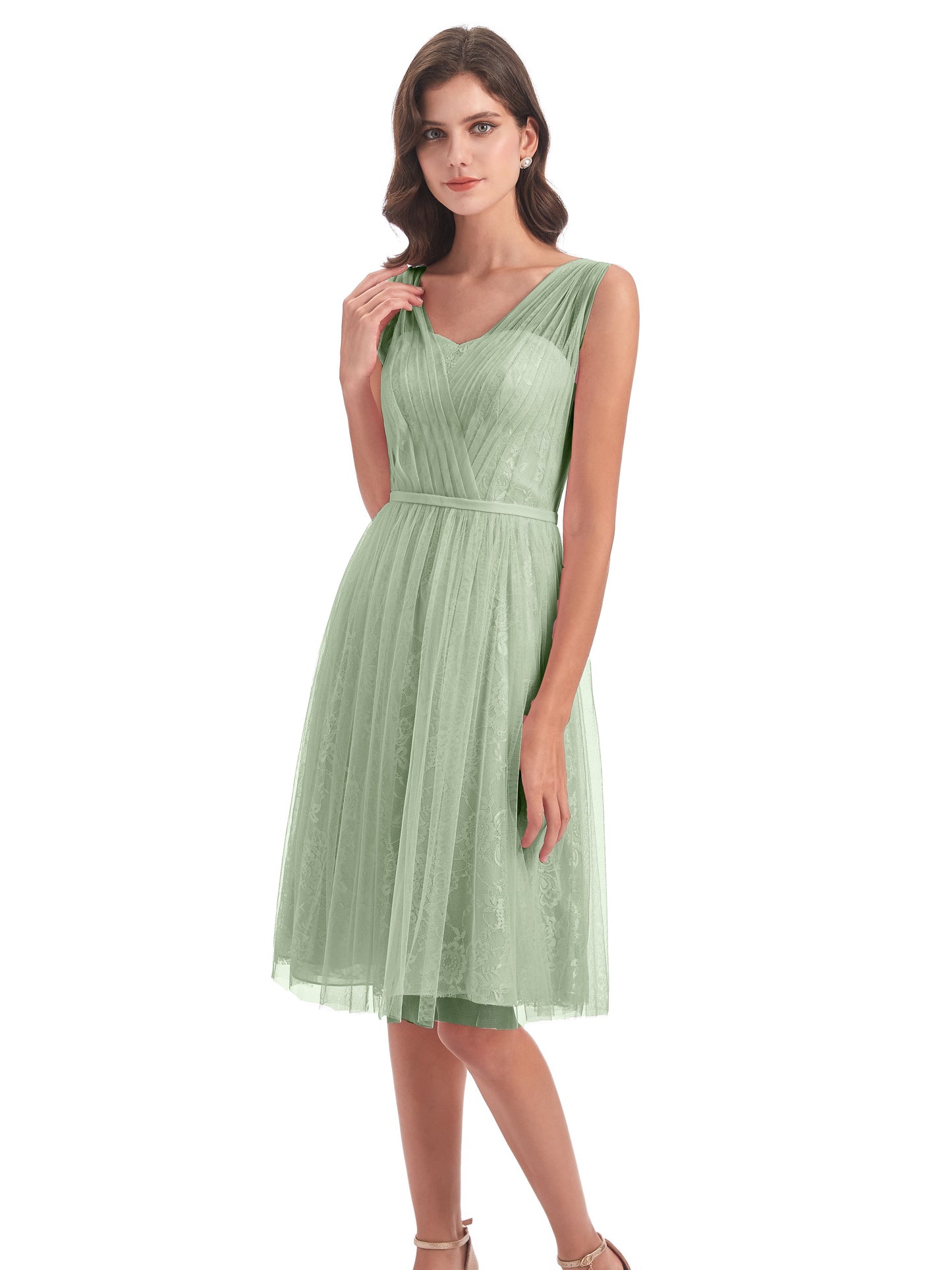 Savannah Knee Length V-neck Straps Tulle Bridesmaid Dresses