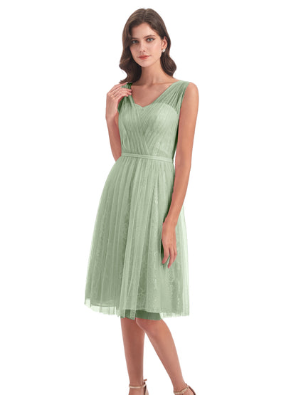 Savannah Knee Length V-neck Straps Tulle Bridesmaid Dresses