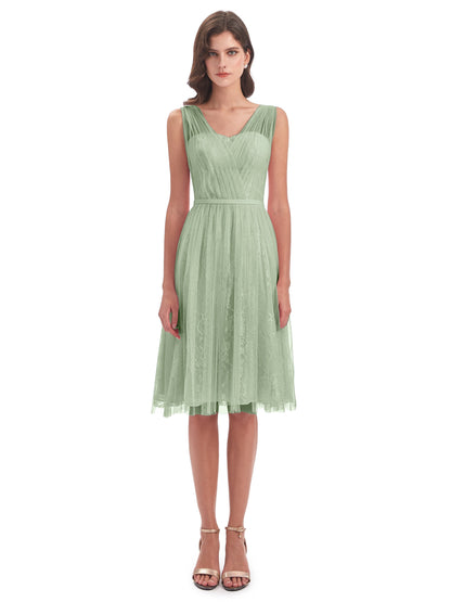 Savannah Knee Length V-neck Straps Tulle Bridesmaid Dresses
