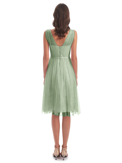 Savannah Knee Length V-neck Straps Tulle Bridesmaid Dresses