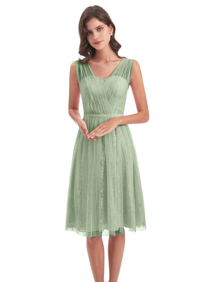 Savannah Knee Length V-neck Straps Tulle Bridesmaid Dresses
