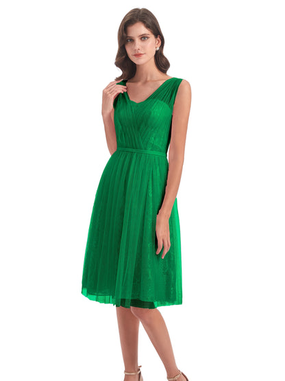 Savannah Knee Length V-neck Straps Tulle Bridesmaid Dresses