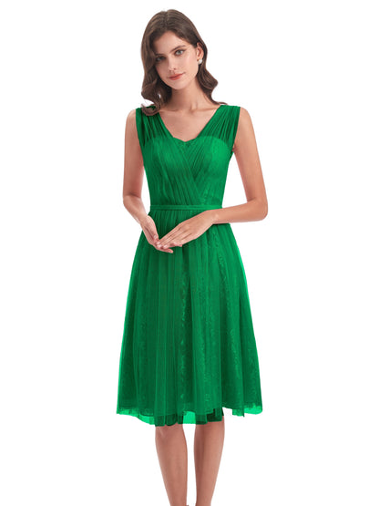 Savannah Knee Length V-neck Straps Tulle Bridesmaid Dresses