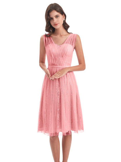 Savannah Knee Length V-neck Straps Tulle Bridesmaid Dresses