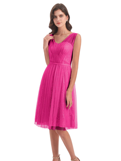 Savannah Knee Length V-neck Straps Tulle Bridesmaid Dresses