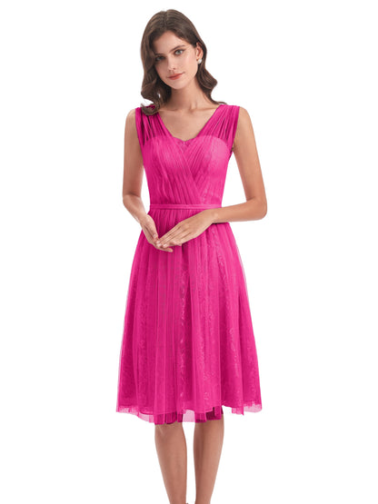Savannah Knee Length V-neck Straps Tulle Bridesmaid Dresses