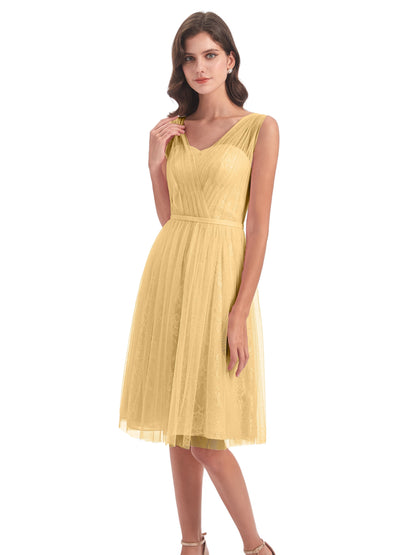 Savannah Knee Length V-neck Straps Tulle Bridesmaid Dresses